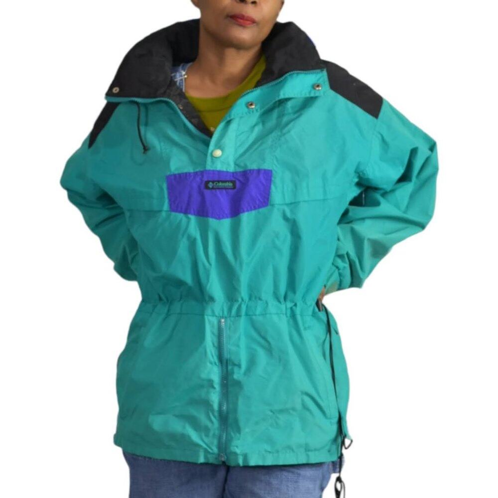 Vintage Columbia Anorak Jacket Green 90s Colorblock Pullover Hooded Size Medium